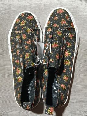 Serra Black Canvas Slip-On Sneakers with Pink Floral Print